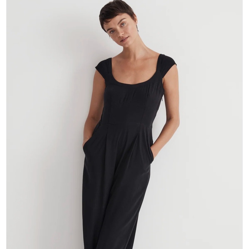 Madewell Cap-Sleeve Crop Wide-Leg Jumpsuit Size 2 Squareneck Pockets Black